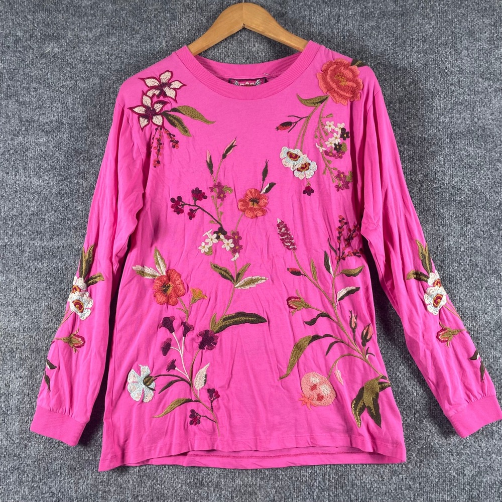 Johnny Was Top Womens M Pink Embroidered Floral Long Sleeve Boho Cotton Peasant